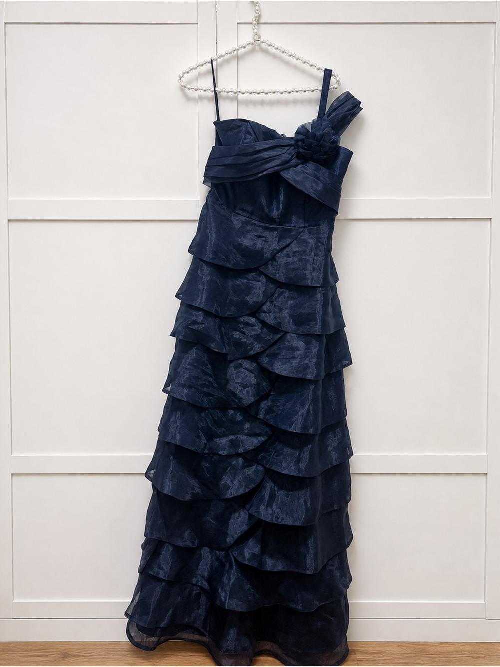 One-Shoulder Navy Ruffled Evening Gown